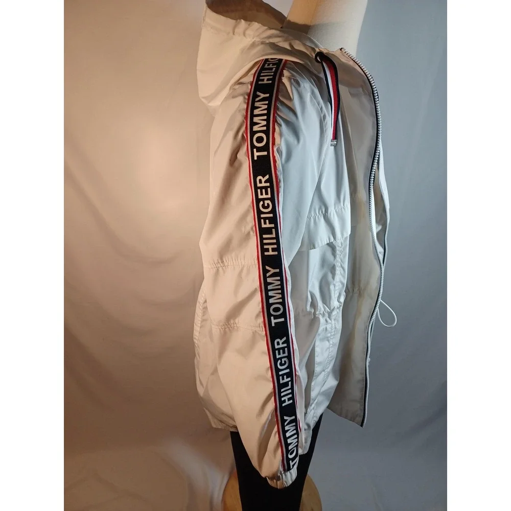 Tommy Hilfiger Jacket Mens 2XL White Hooded Windbreaker‎ Logo Tape Zip Casual